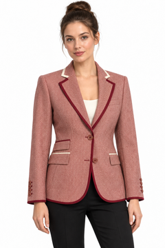 Claudio Lugli Womens Tailored Jacket CLWJ2601 in dusty rose, front view showing two buttons, burgundy piping and contrast pocket trim