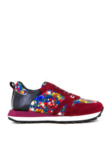 SKULL AND FLORAL PRINTED LEATHER AND SUEDE TRAINERS