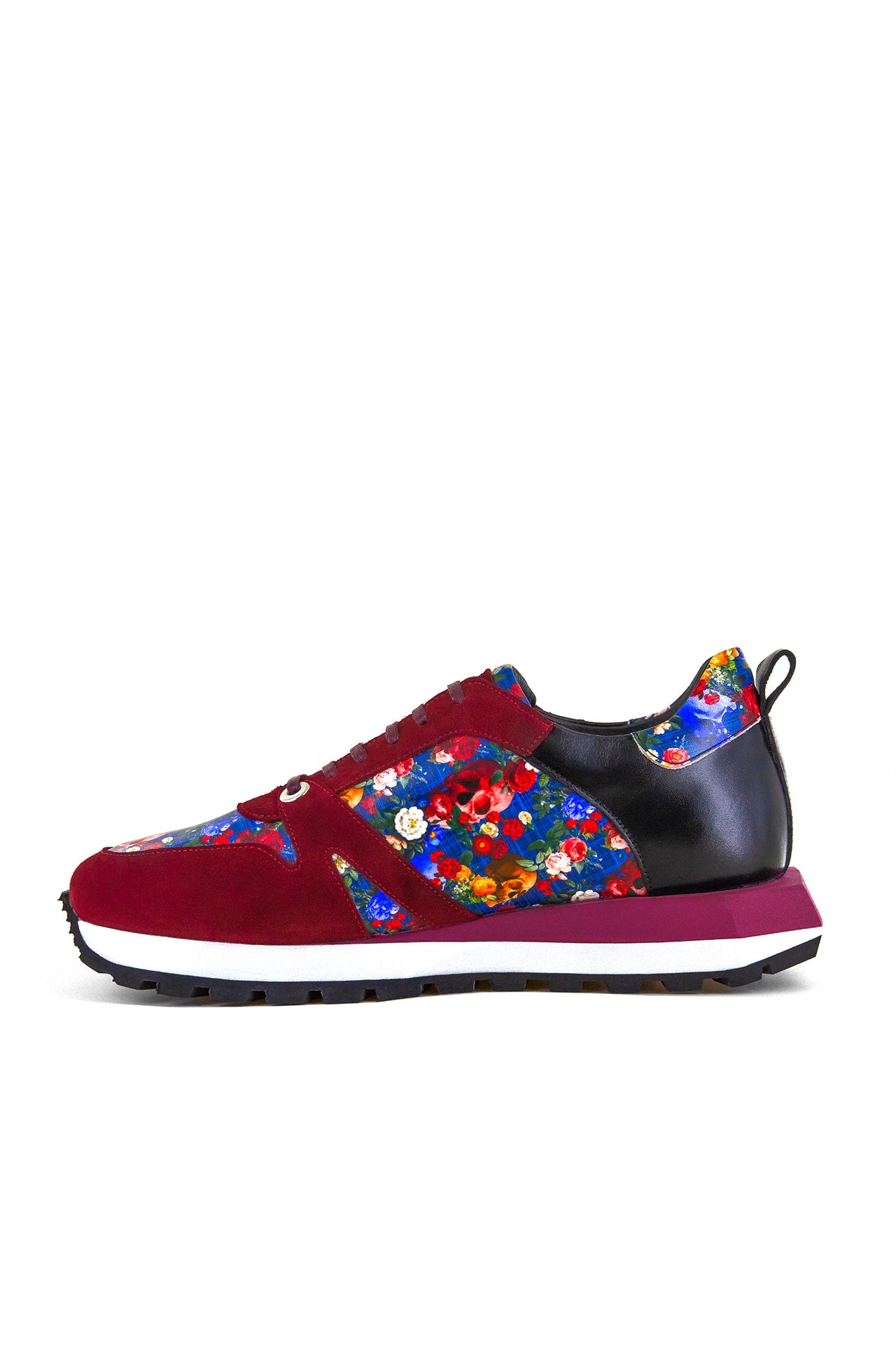 SKULL AND FLORAL PRINTED LEATHER AND SUEDE TRAINERS