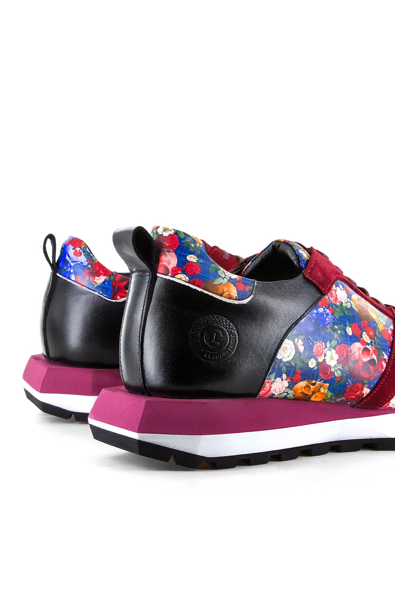 SKULL AND FLORAL PRINTED LEATHER AND SUEDE TRAINERS