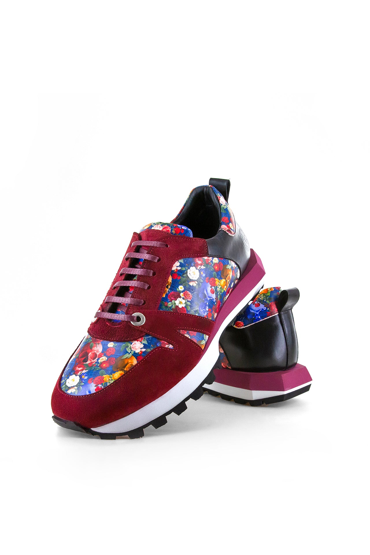 SKULL AND FLORAL PRINTED LEATHER AND SUEDE TRAINERS