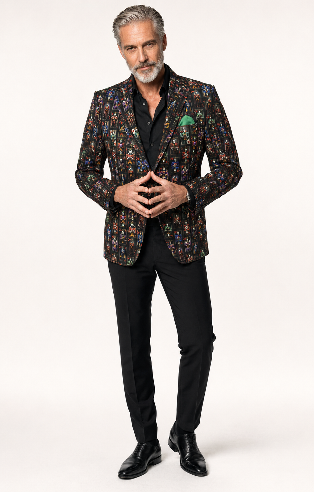 Full-length view of the Supervillain Gallery print blazer with black trousers