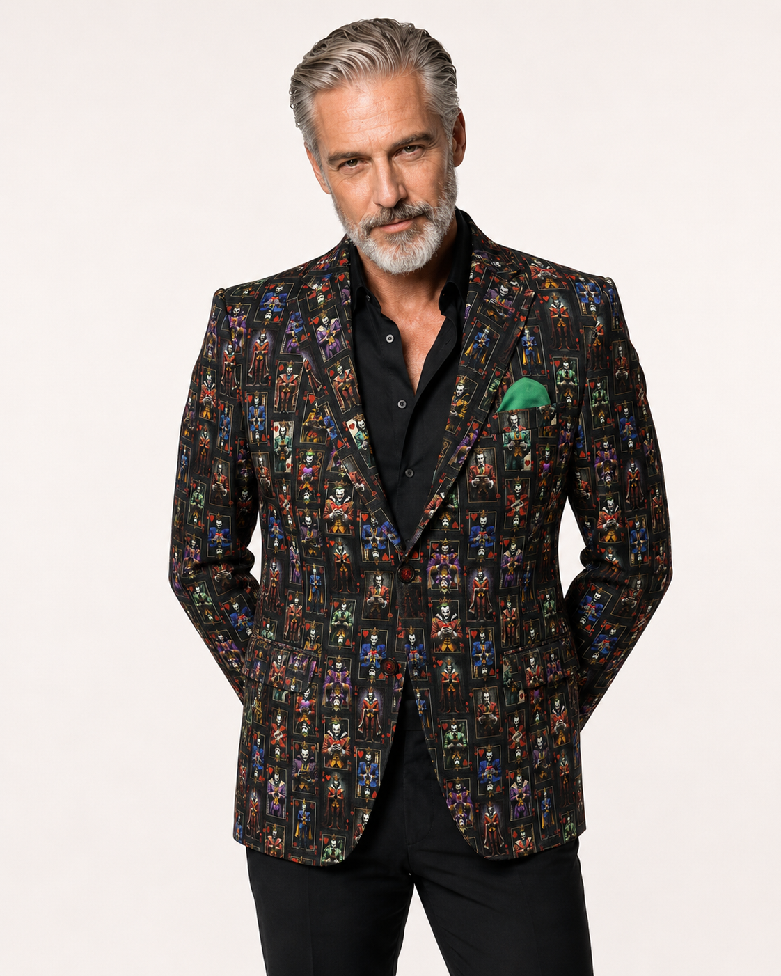 Front view of the men's Supervillain Gallery print blazer by Claudio Lugli