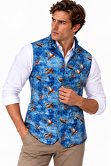 Claudio Lugli men's sleeveless jacket with a flying pheasant print on a blue sky on a model, country shooting gilet