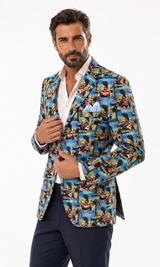 Men's Monaco Grand Prix print blazer styled with a white shirt and navy trousers