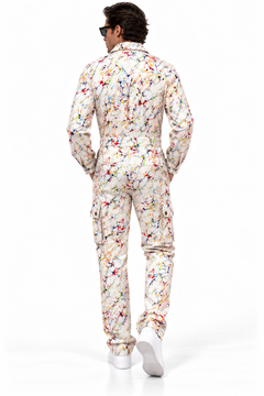 Claudio Lugli Paint Splattered Jumpsuit, rear view on a model showing colourful paint-splash print across the cream back, long sleeves and full-length legs