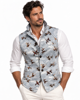 Claudio Lugli men's sleeveless jacket with flying pheasants over a grey paisley print on a model, country gilet worn over a shirt