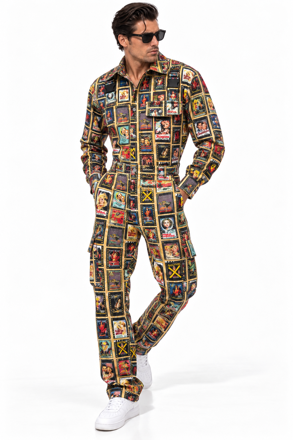 Claudio Lugli Vintage Film Poster Jumpsuit on a model, front view showing a multicolour poster collage, long sleeves, button front and pockets with white trainers