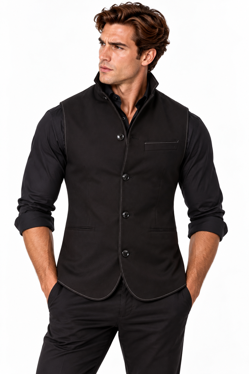Claudio Lugli men's plain black sleeveless jacket with a pheasant-print lining on a model, tailored country gilet