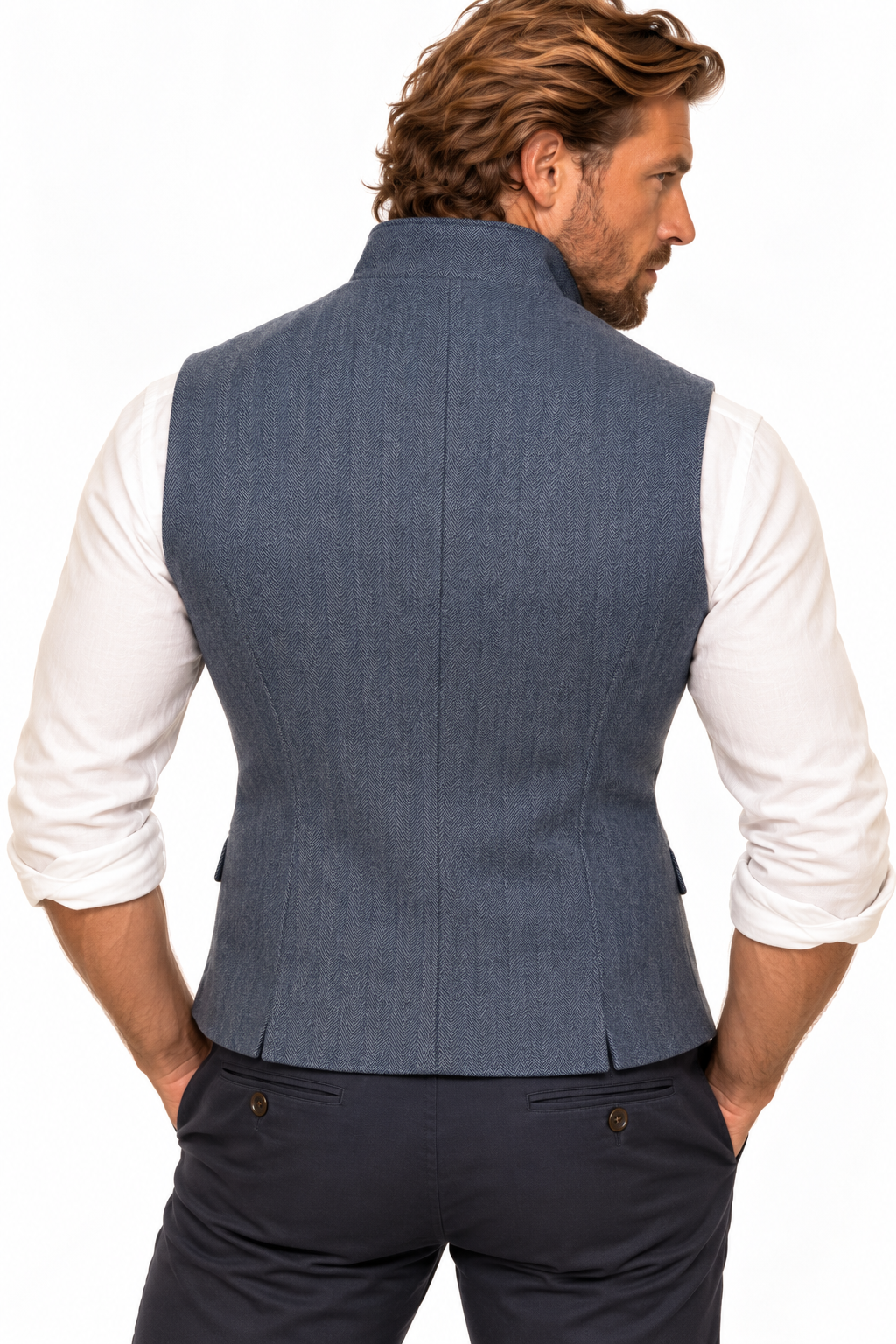 Navy Herringbone Sleeveless Jacket