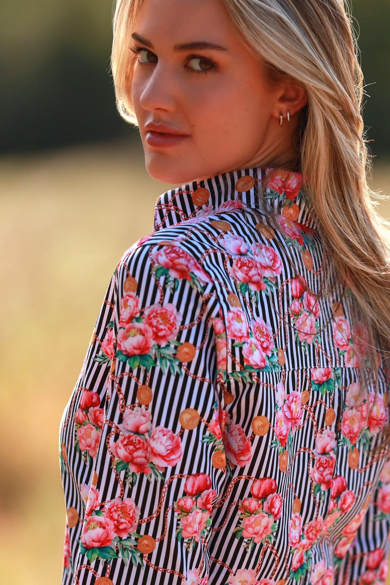 ETERNAL BLOOM STRIPE PINK PEONY WOMENS  PRINT SHIRT