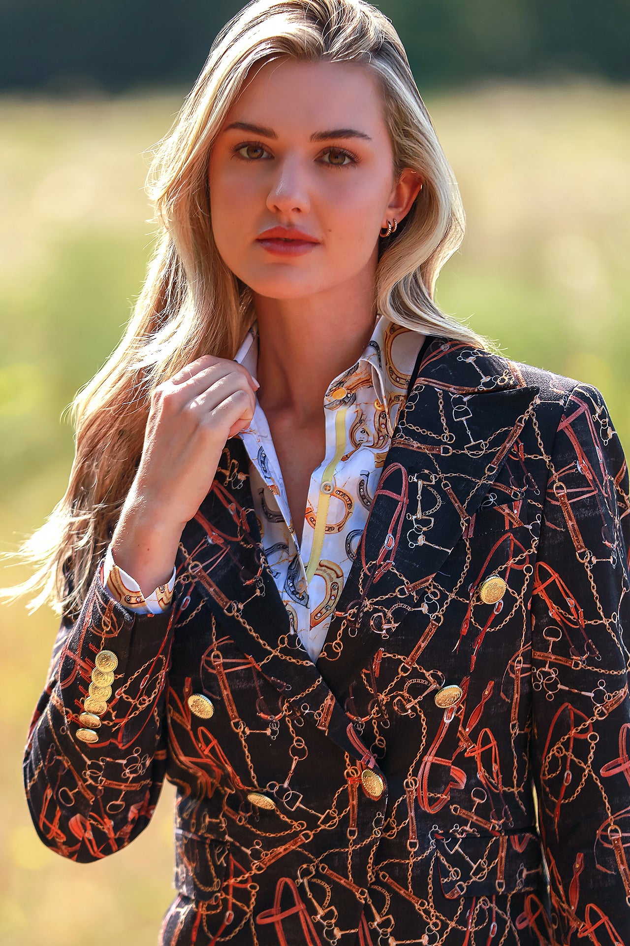 EQUESTRIAN ELEGANCE DOUBLE BREASTED PRINTED WOMENS JACKET