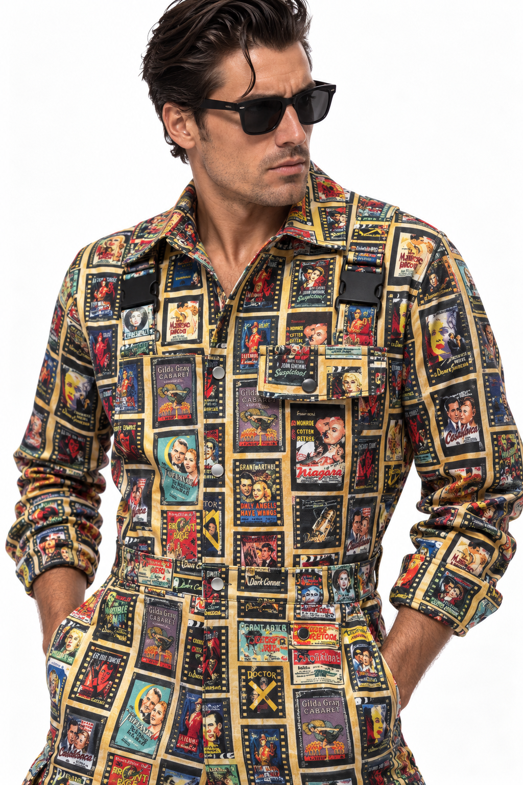 Claudio Lugli Vintage Film Poster Jumpsuit close-up on a model, showing the retro poster collage, pointed collar, button fastening and flap chest pockets