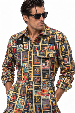 Claudio Lugli Vintage Film Poster Jumpsuit close-up on a model, showing the retro poster collage, pointed collar, button fastening and flap chest pockets