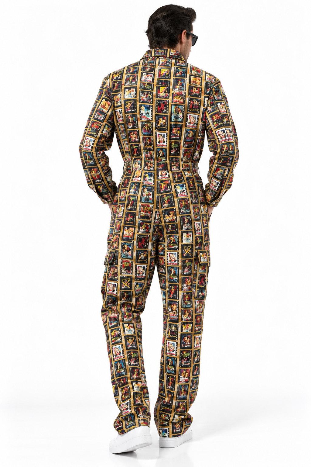 Claudio Lugli Vintage Film Poster Jumpsuit, rear view on a model showing the multicolour poster collage across the back, long sleeves and full-length legs