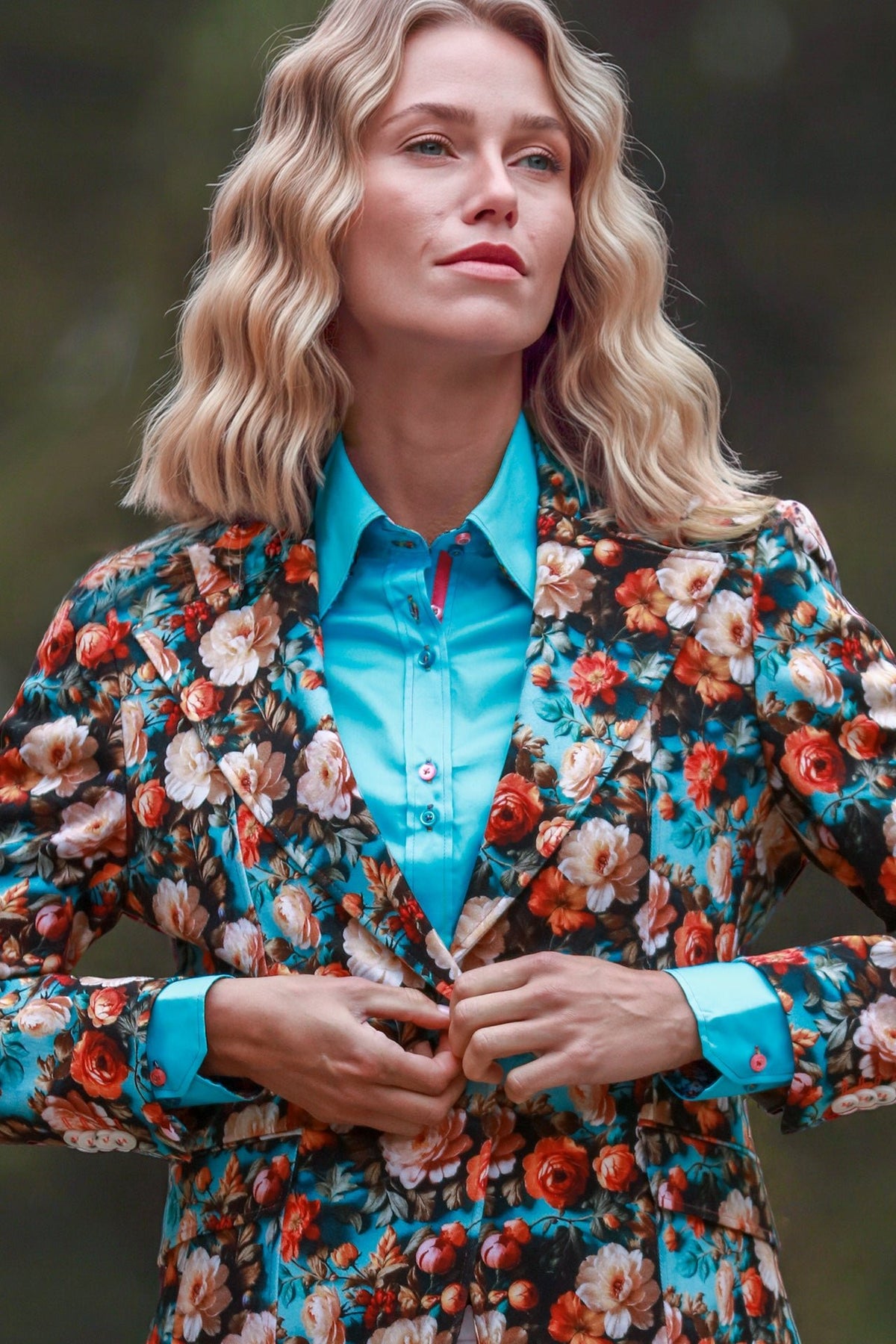Claudio Lugli Renaissance Rose Print Blazer in aqua, front view showing the notch lapels and one-button fastening