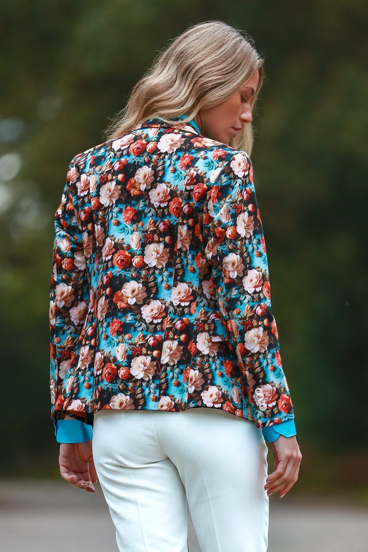 Claudio Lugli Renaissance Rose Print Blazer in aqua, side and back view of the rose print