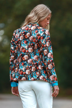 Claudio Lugli Renaissance Rose Print Blazer in aqua, side and back view of the rose print