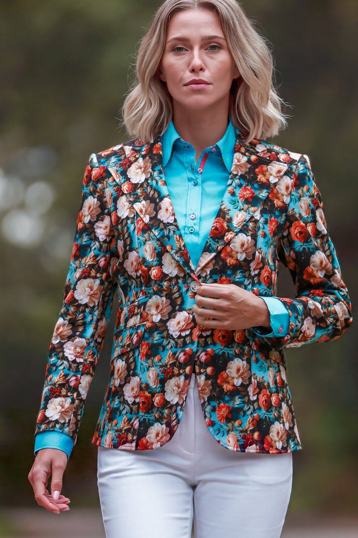 Claudio Lugli Renaissance Rose Print Blazer in aqua, blazer with cream and rust roses, front view