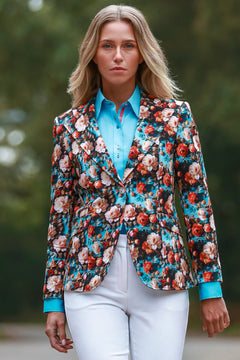 Claudio Lugli Renaissance Rose Print Blazer in aqua, full-length view of the rose-print tailoring