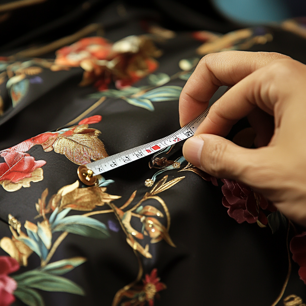 Measuring a Claudio Lugli printed shirt with a tailor's tape