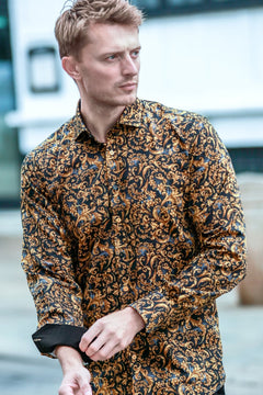 Claudio Lugli Baroque Dynasty Print Shirt, gold and black ornamental print shirt, front view adjusting sleeve cuff