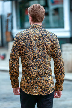 Claudio Lugli Baroque Dynasty Print Shirt, gold and black ornamental print shirt worn outdoors, rear view