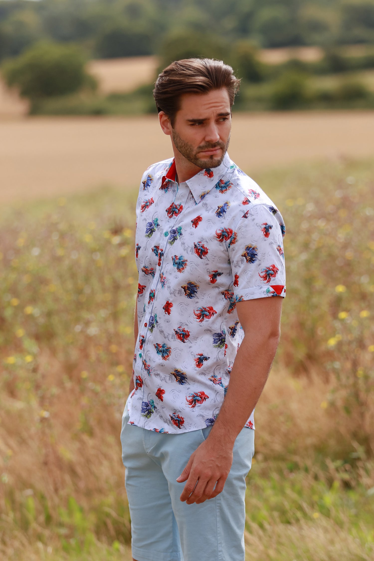 AQUATIC ALLURE. BETTA FISH PRINT SHORT SLEEVE SHIRT