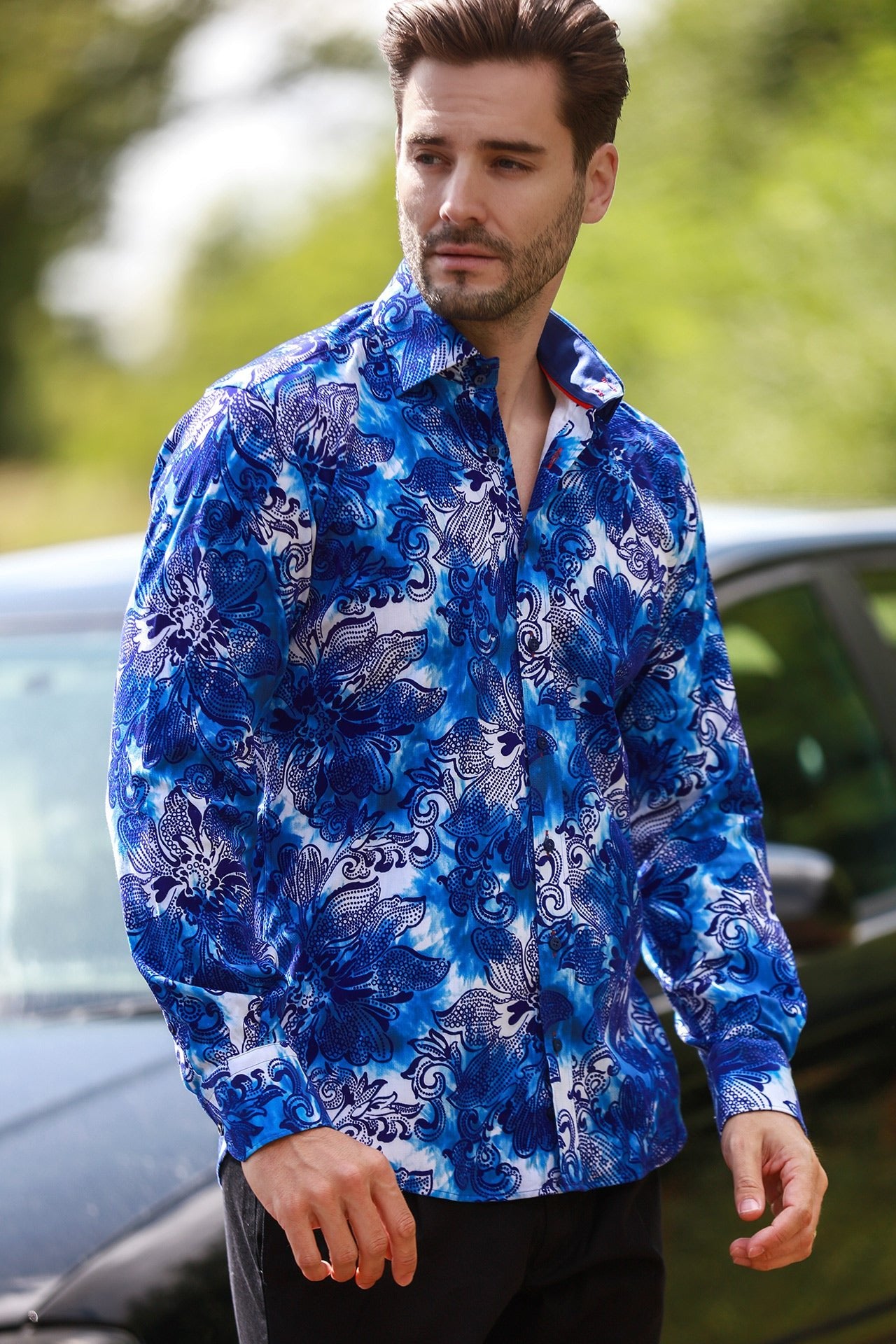 BIG FLORAL FLOCKING SHIRT WITH TIE - DYE SILHOUETTE LUXURY TEXTURED FINISH - Claudio Lugli Shirts