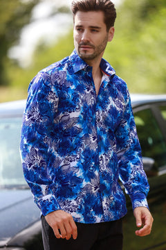 BIG FLORAL FLOCKING SHIRT WITH TIE - DYE SILHOUETTE LUXURY TEXTURED FINISH - Claudio Lugli Shirts