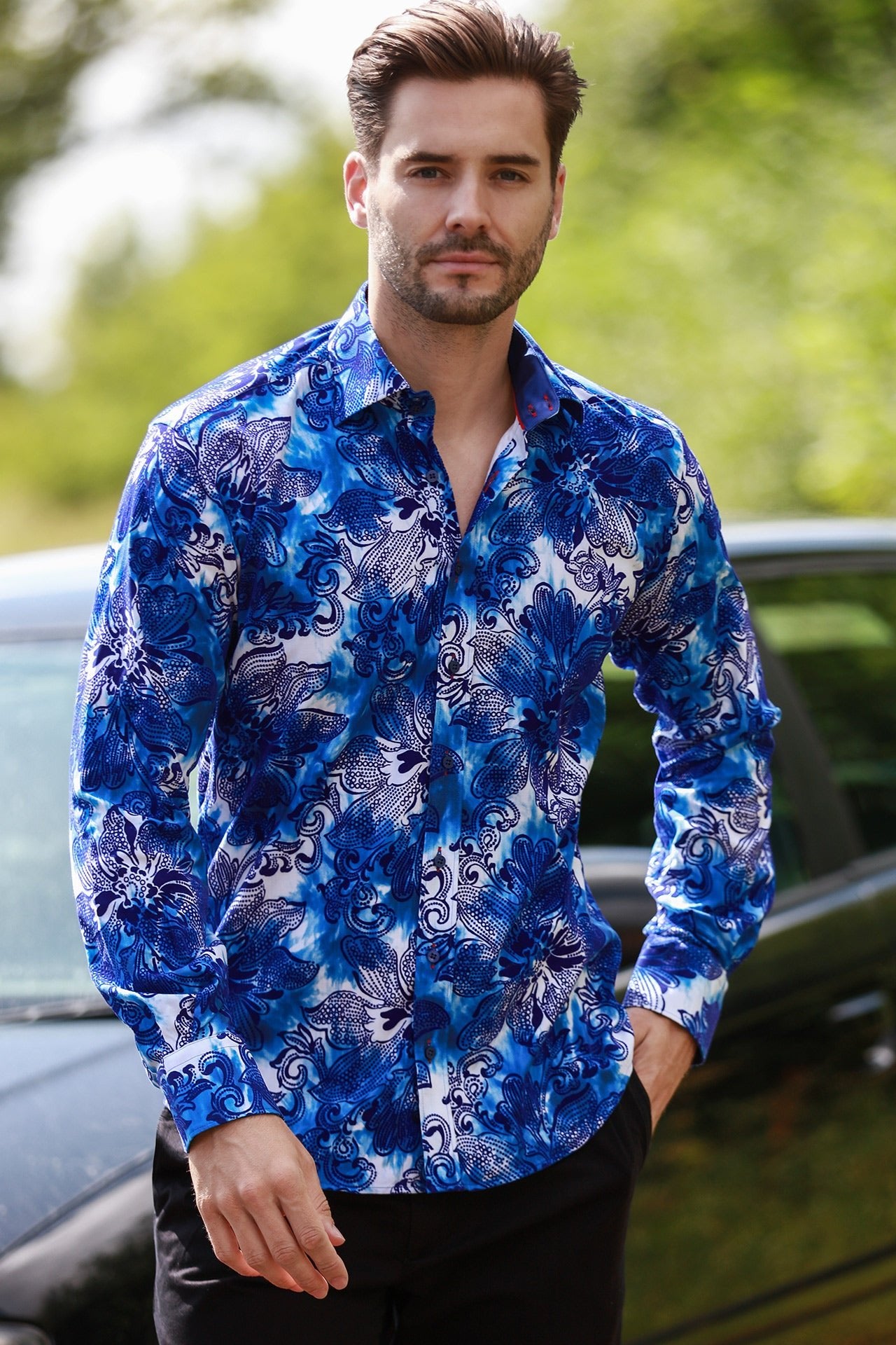 BIG FLORAL FLOCKING SHIRT WITH TIE - DYE SILHOUETTE LUXURY TEXTURED FINISH - Claudio Lugli Shirts