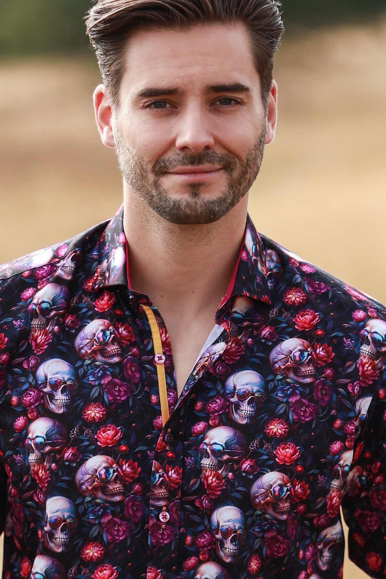 BLACK SKULLS AND FLOWERS ON SOFT STRETCHY COTTON TENCEL - Claudio Lugli Shirts
