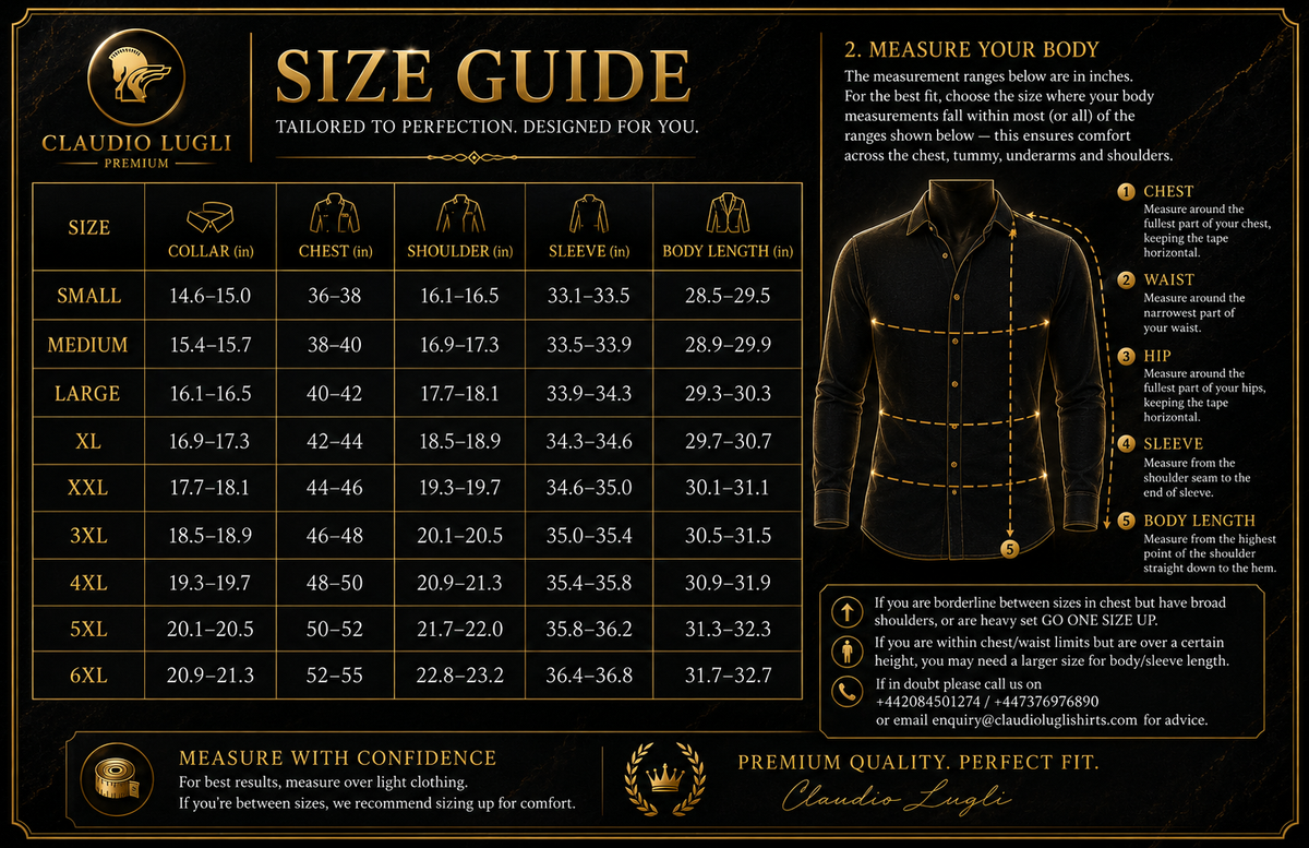 Claudio Lugli men's body measurement chart with chest, tummy, underarm and shoulder ranges in inches, sizes Small to 6XL