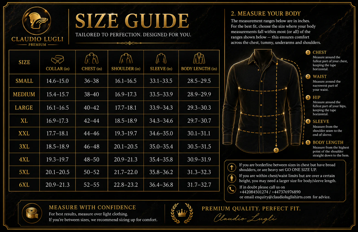 Claudio Lugli men's body measurement chart with chest, tummy, underarm and shoulder ranges in inches, sizes Small to 6XL