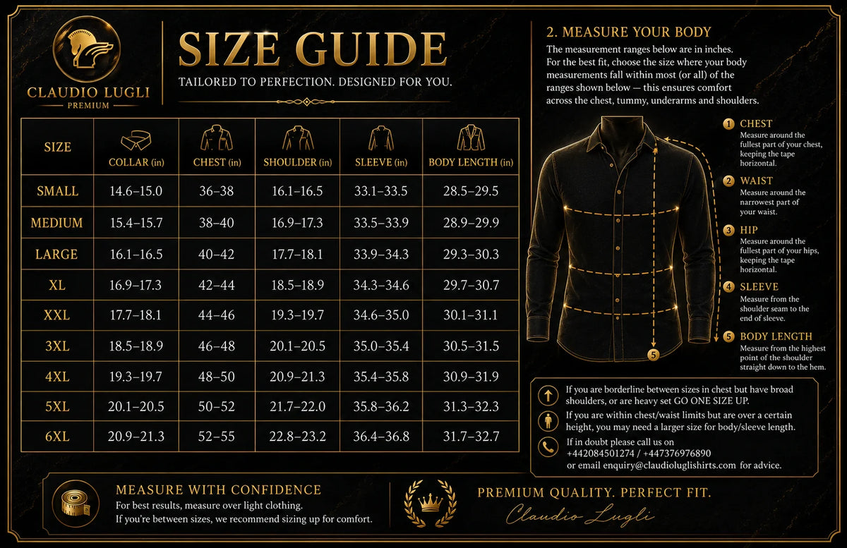 Claudio Lugli men's body measurement chart with chest, tummy, underarm and shoulder ranges in inches, sizes Small to 6XL