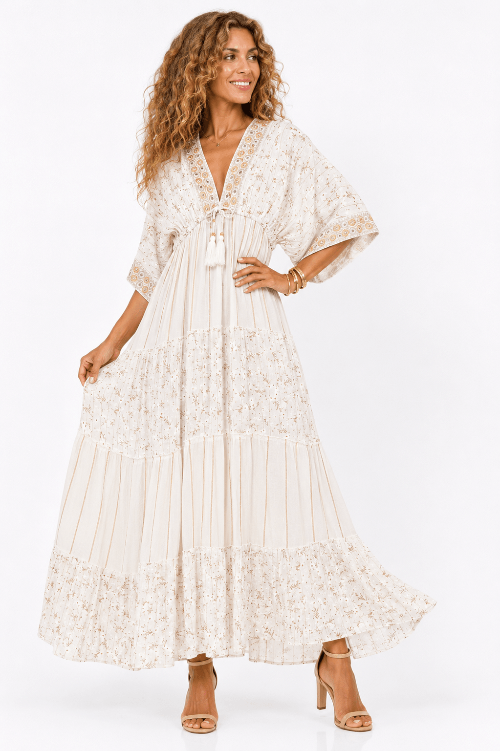 BOHO DITSY FLORAL KIMONO SLEEVE TIERED MAXI DRESS - Claudio Lugli Shirts