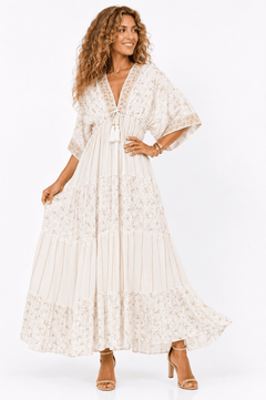 BOHO DITSY FLORAL KIMONO SLEEVE TIERED MAXI DRESS - Claudio Lugli Shirts