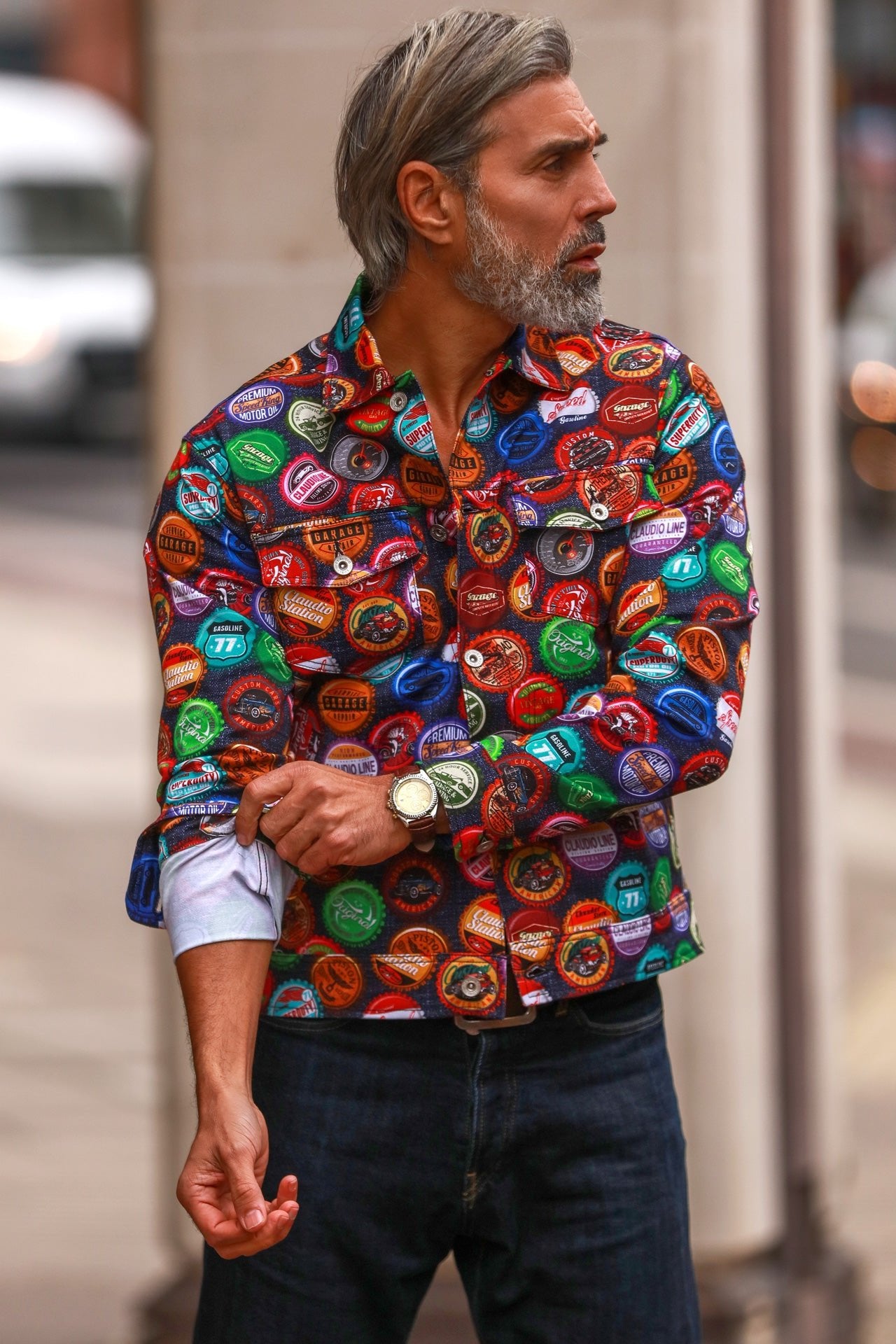 Bottle Cap Print Denim Shacket | Claudio Lugli – Claudio Lugli Shirts