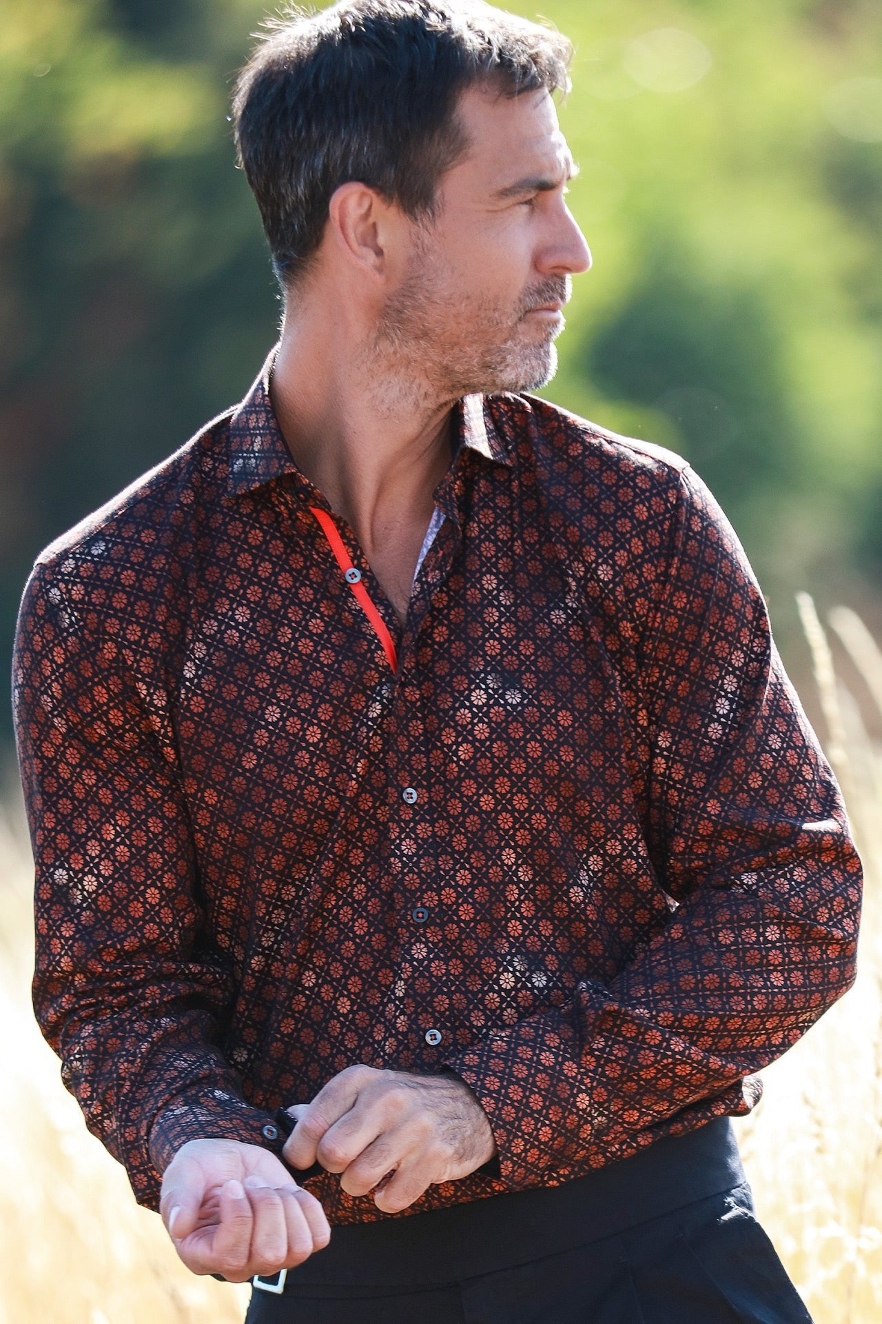 BRONZE FLORAL SHIMMER TENCEL PRINT SHIRT - Claudio Lugli Shirts