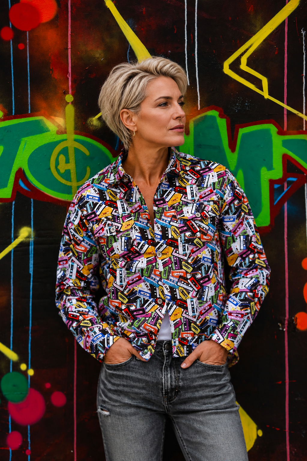 Cassette Tapes Print Denim Cotton Unisex Shacket - Claudio Lugli Shirts