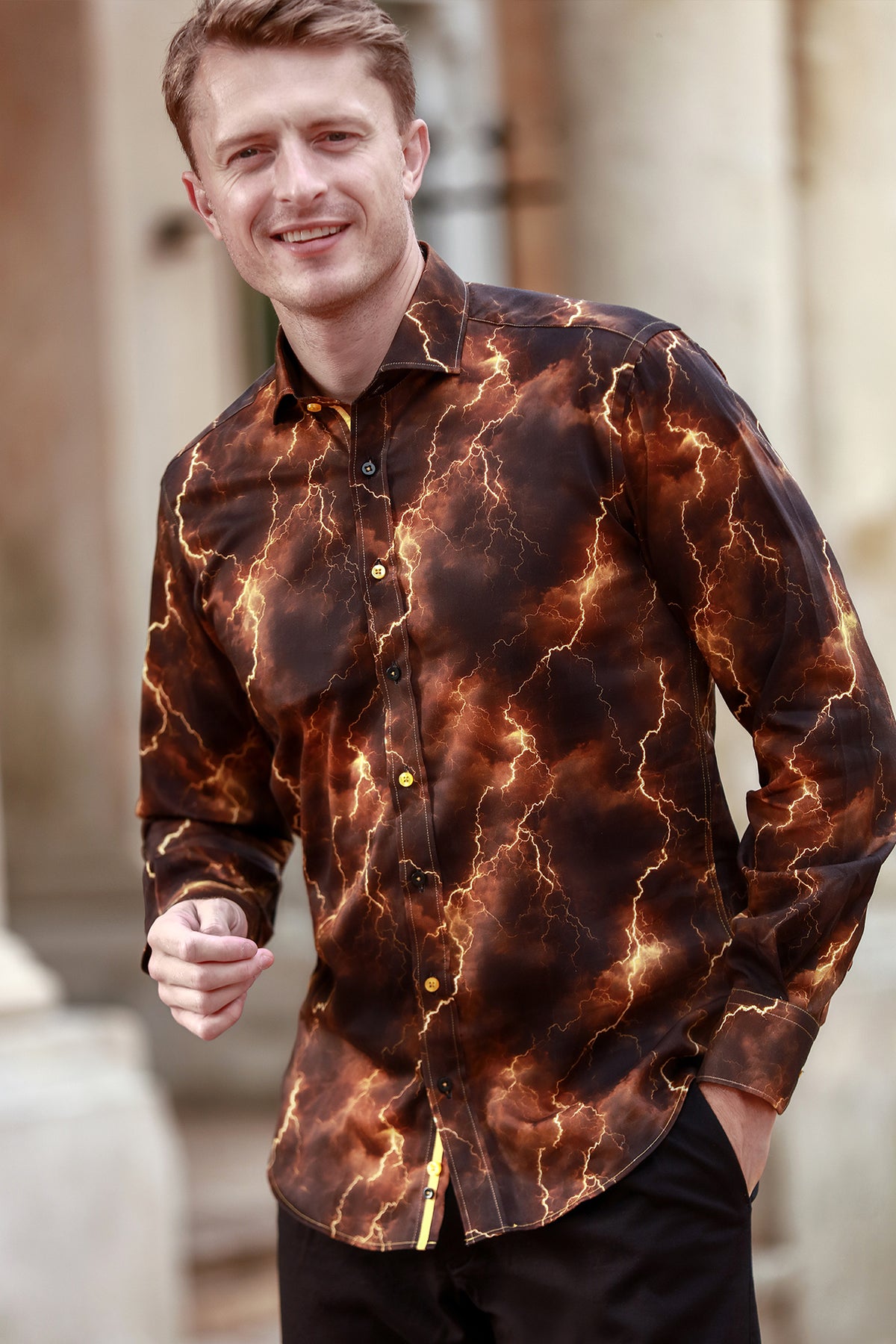 Claudio Lugli men's lightning bolt print shirt on a model, bold electric-bolt design on a long-sleeve satin cotton shirt
