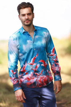 CLAUDIO LUGLI SKY FLAMINGO PLACEMENT PRINT SHIRT – Premium Men's Patterned Shirt by Claudio Lugli | Bold Design, Tailored Fit, Best Printed Shirts