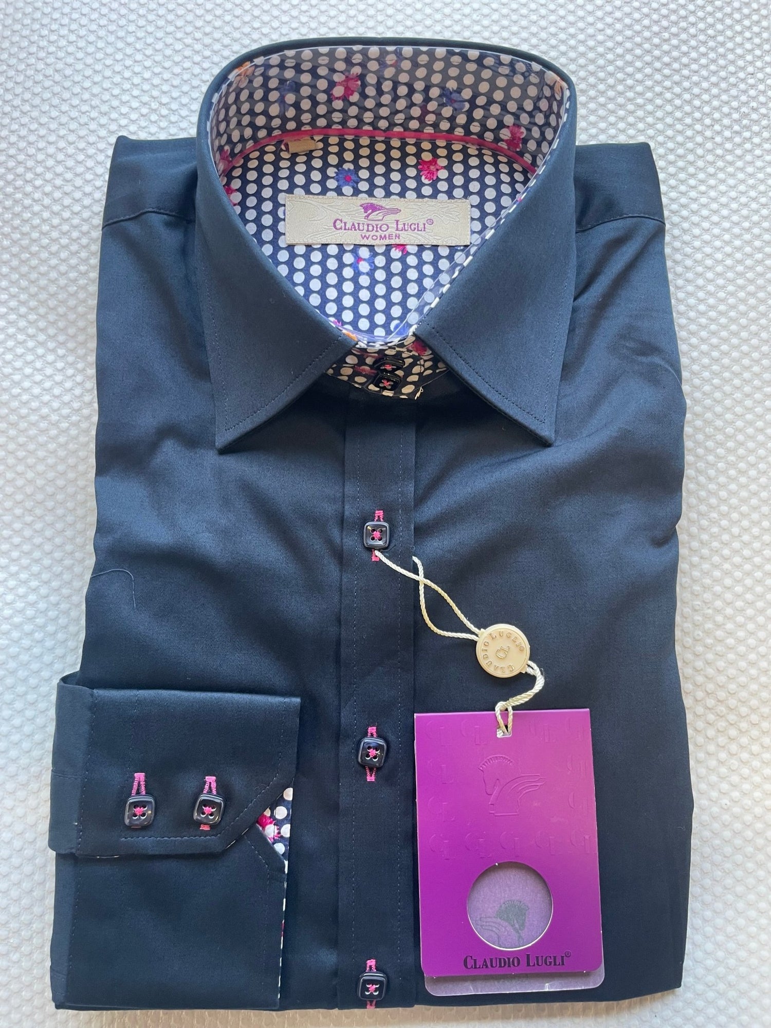 Claudio Lugli Womens Black Polka Dot Trim Satin Cotton Long Sleeve Shirt *RARE* - Claudio Lugli Shirts