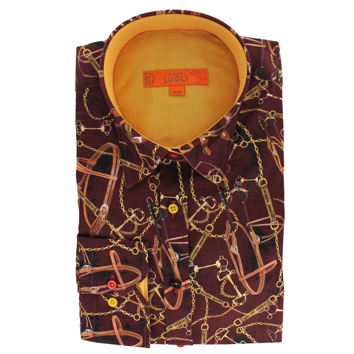 Claudio Lugli Womens Burgundy Equestrian Chain Cotton Shirt Size 10 *RARE* - Claudio Lugli Shirts