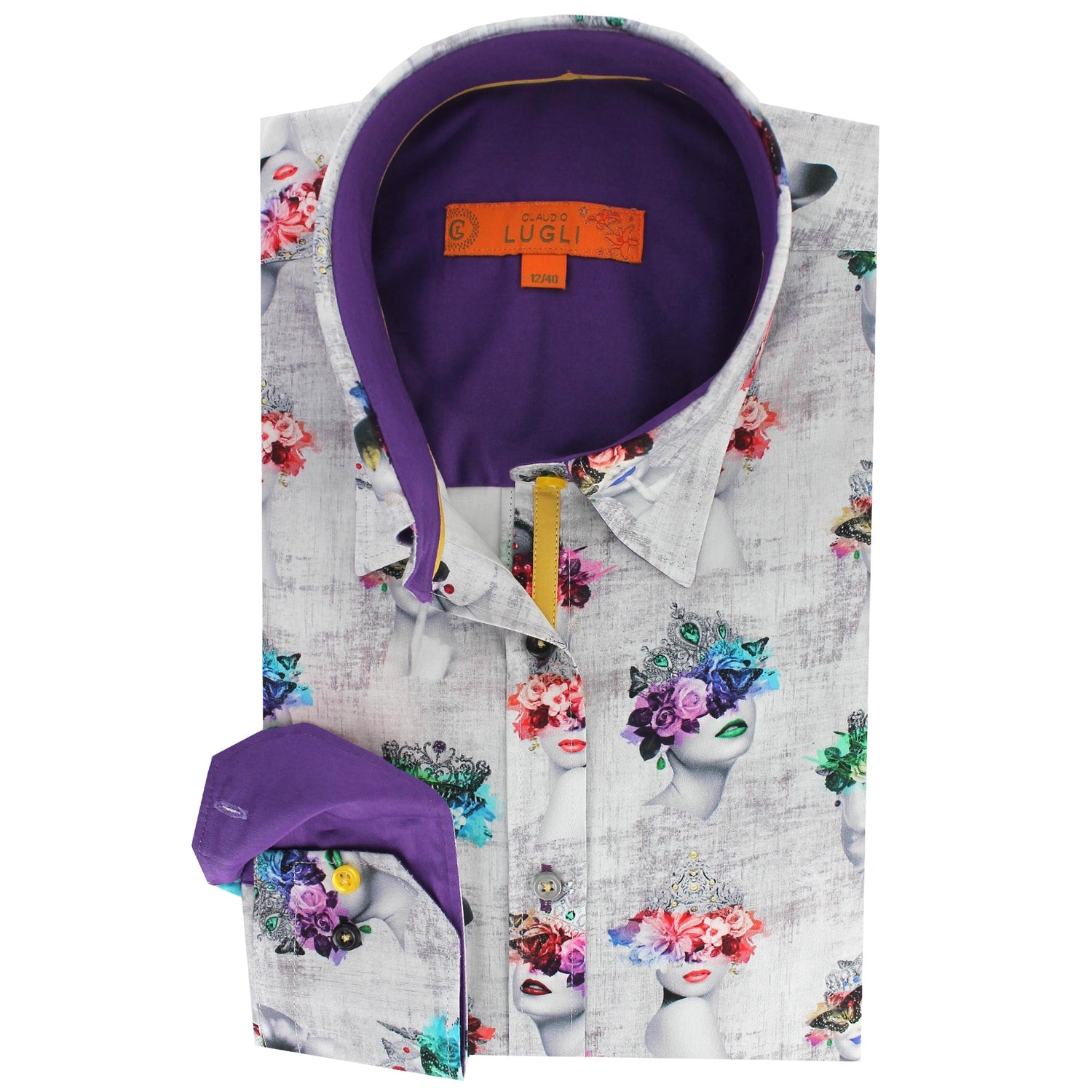 Claudio Lugli Womens Grey Artistic Faces Satin Cotton Shirt *RARE* - Claudio Lugli Shirts