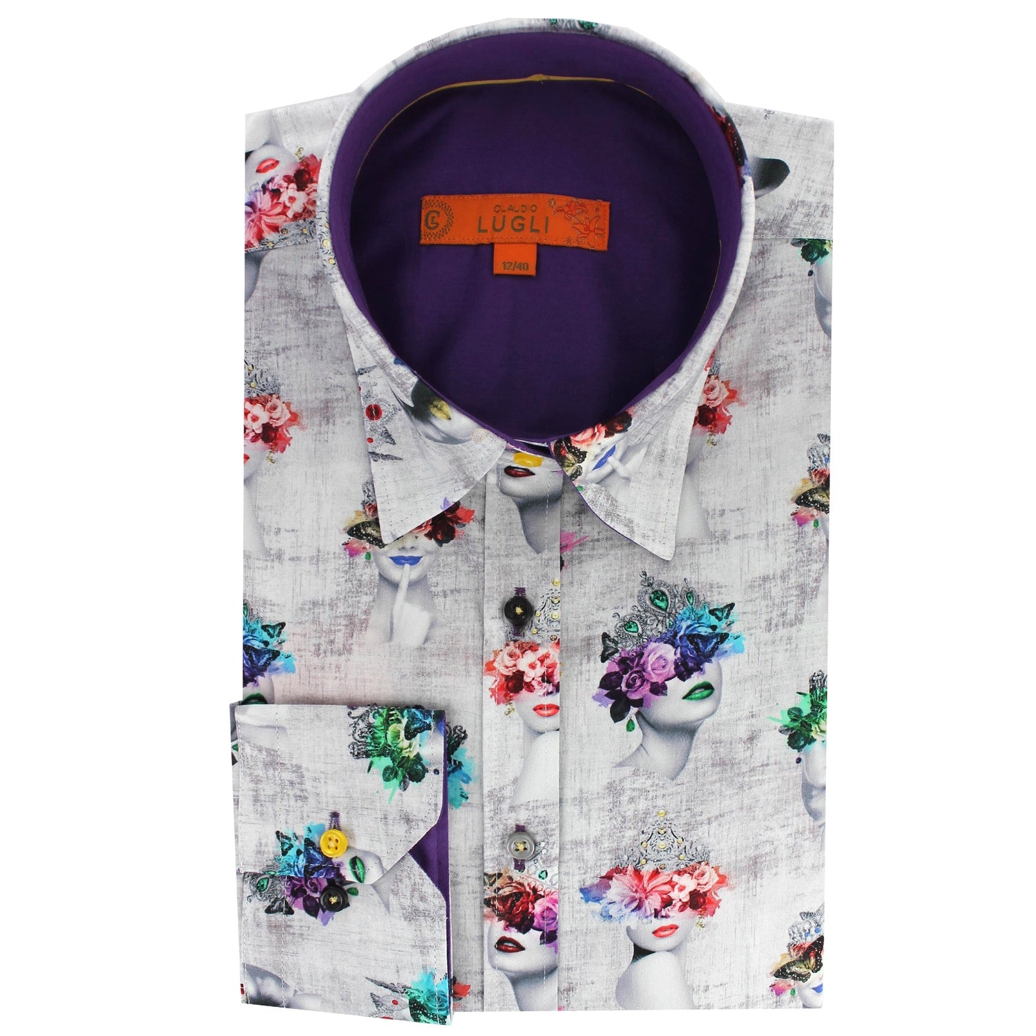 Claudio Lugli Womens Grey Artistic Faces Satin Cotton Shirt *RARE* - Claudio Lugli Shirts