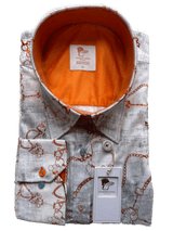 Claudio Lugli Womens White Orange Equestrian Chain Print Satin Cotton Long Sleeve Shirt - Claudio Lugli Shirts