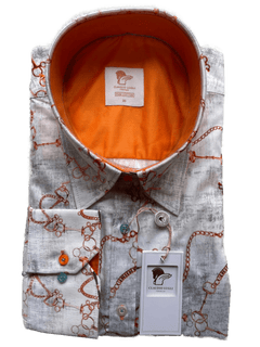 Claudio Lugli Womens White Orange Equestrian Chain Print Satin Cotton Long Sleeve Shirt - Claudio Lugli Shirts