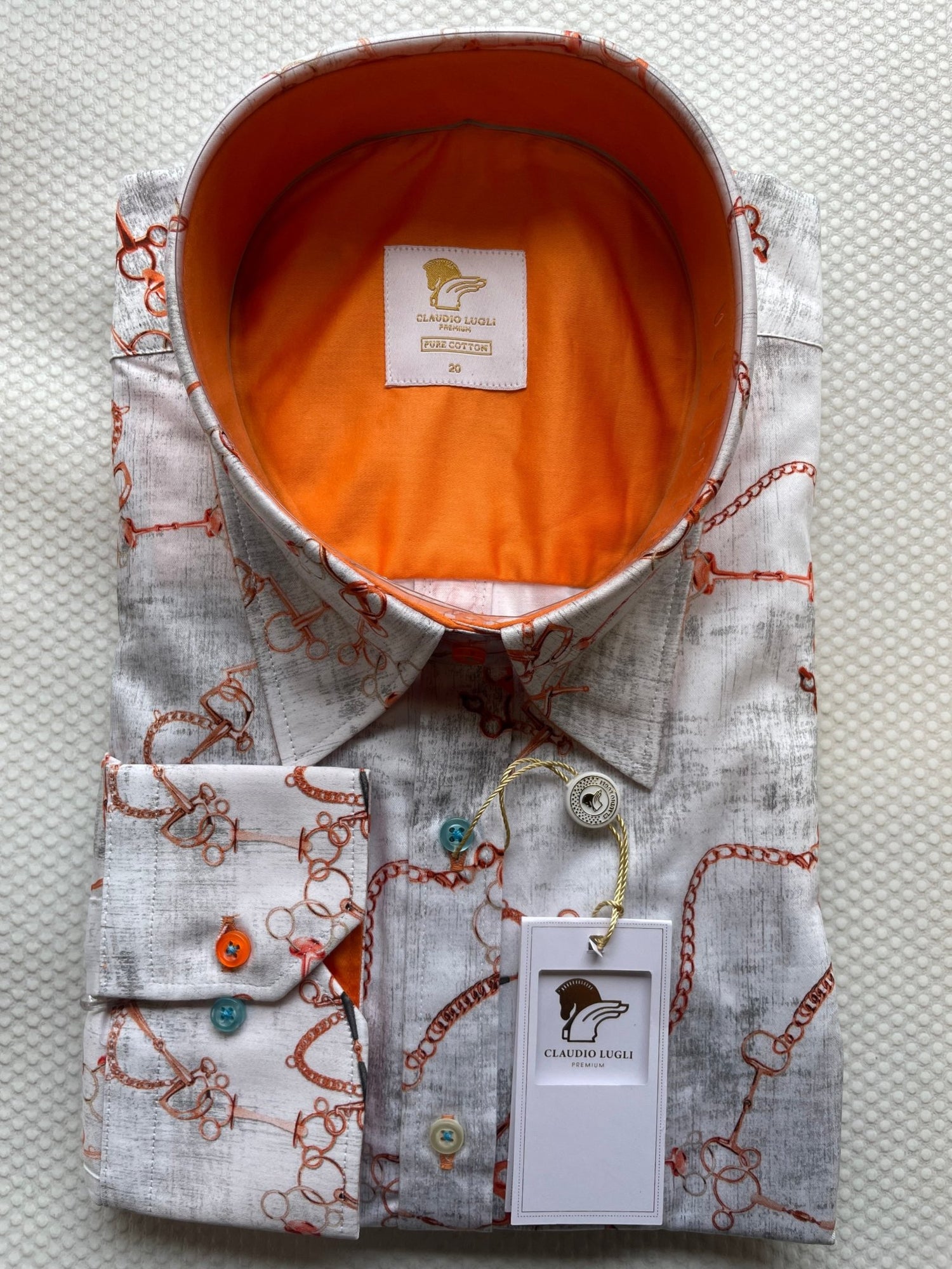 Claudio Lugli Womens White Orange Equestrian Chain Print Satin Cotton Long Sleeve Shirt *RARE* - Claudio Lugli Shirts