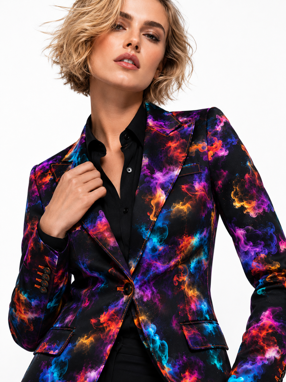Noir Tempest black and grey smoke print women's blazer